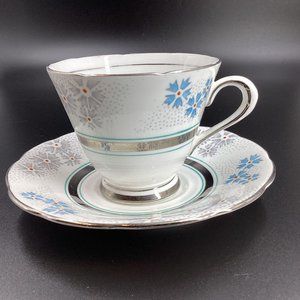 Vintage Tuscan Fine English Bone China Blue Silver Flower Snowflake Cup Saucer